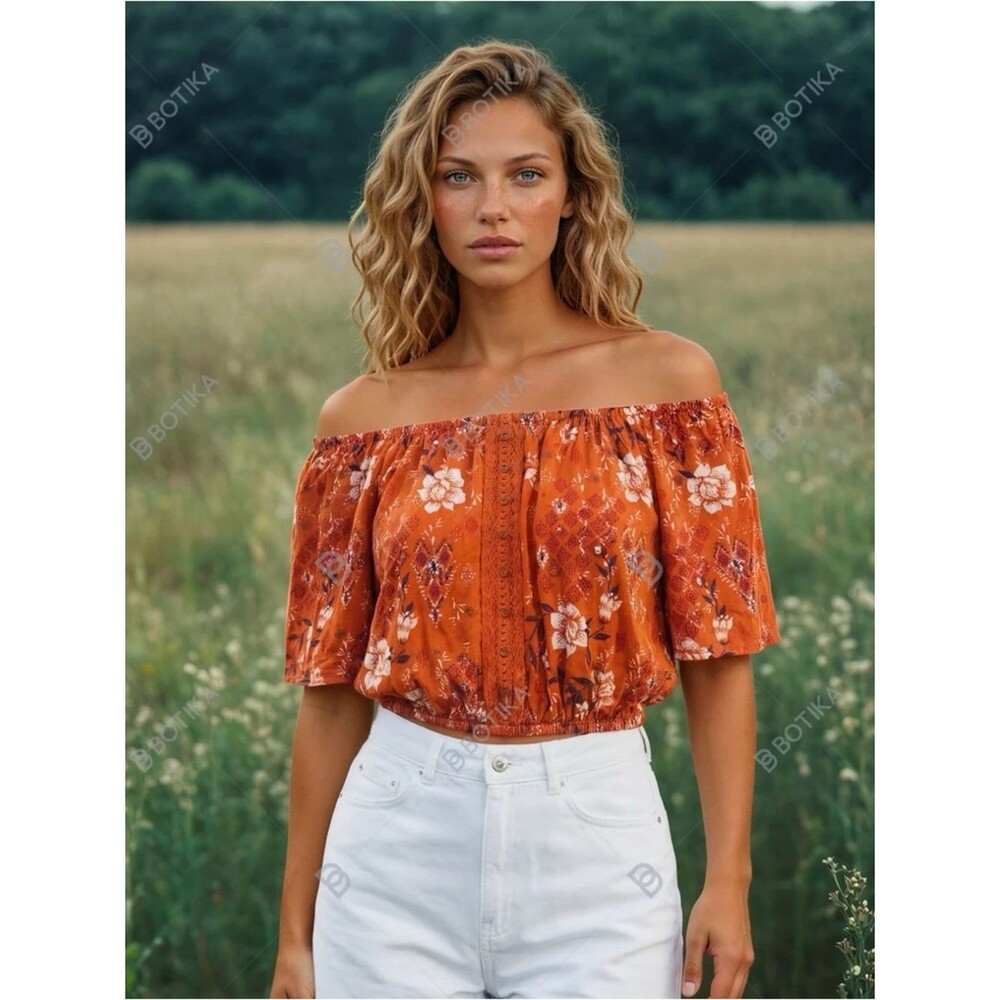 Orange Floral Off-Shoulder Crop Top